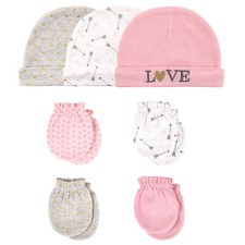 Hudson Baby Infant Girl Cotton Cap and Scratch Mitten 7pc Set, Love, 0-6 Months