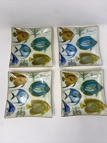 Michel Design Works Glass Decoupage 5.5”X 5.5”Appetizer Plates Set Of 4 Fish Des