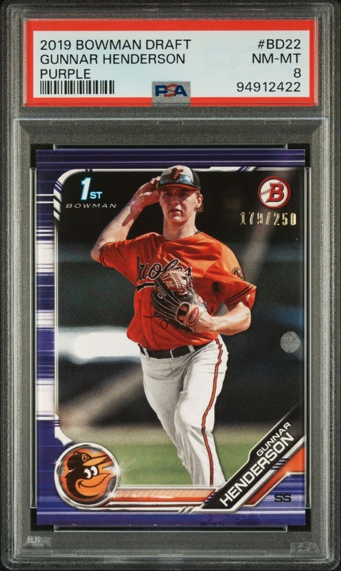 (#179/250) 2019 GUNNAR HENDERSON BOWMAN DRAFT PURPLE PSA 8 MINT #BD22 ROOKIE HOT