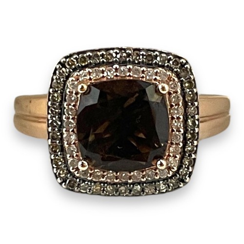 Vintage 10K Rose Gold Smoky Quartz and Diamond Halo Ring