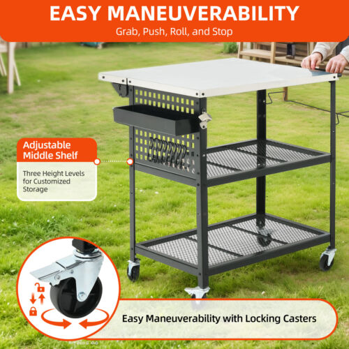 Outdoor Kitchen Cart Stainless Steel Grill Tables Flip Top 3-Tier Storage Shelf - Picture 6 of 11