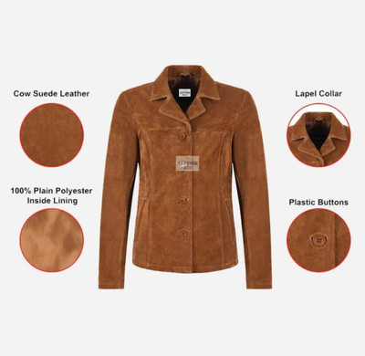 Women's Suede Leather Jacket Notched Collar Button Up Blazer Coat Gift For Her