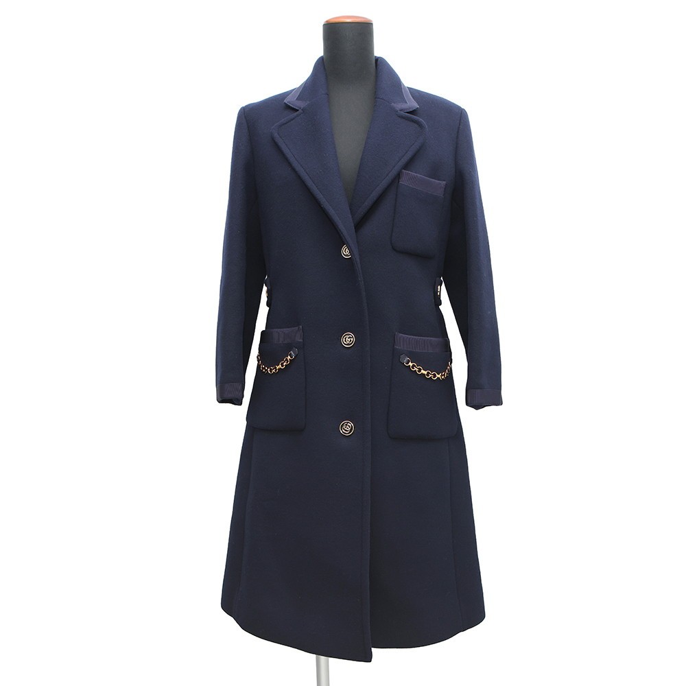 GUCCI Coat with GGChain Size 38 Wool 98%/Nylon2% Navy 669525
