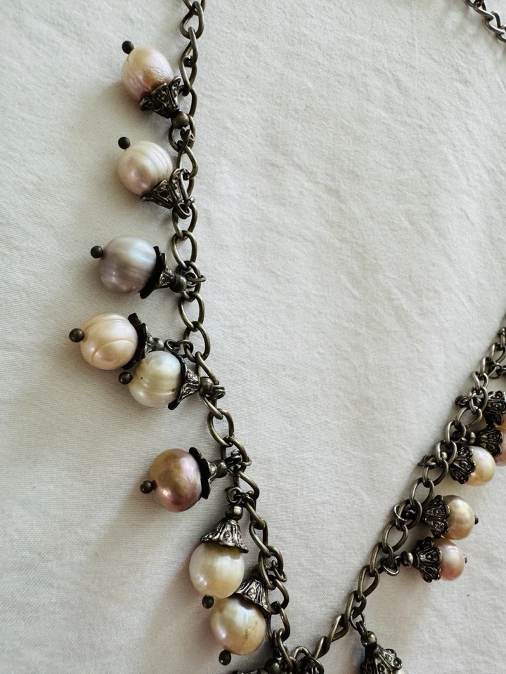 Cultured Pearls Beaded Silver Tone Gun Metal Chain Statement Necklace - Image 4 of 4
