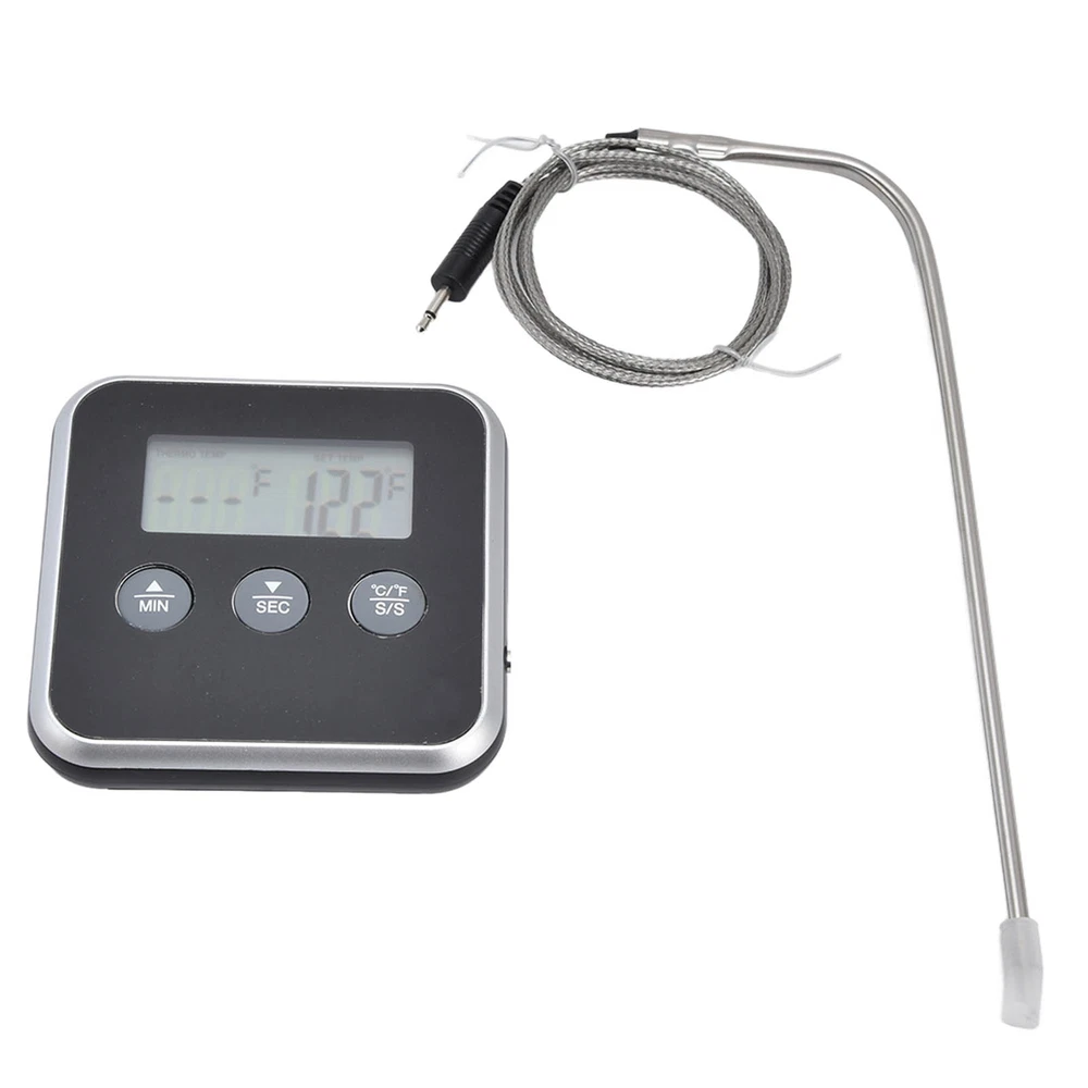 (Black)Meat Thermometer Smart 3 Buttons Digital LED Display Multifunctional O