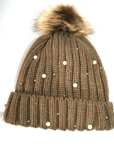 BONNET FANTAISIE DOUBLÉ FEMME MARRON PERLE TAILLE UNIQUE CADEAU HIVER CHAUD SKI - Picture 4 of 5