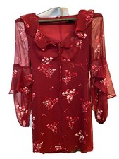 Express Dress Womens Sz 00 Burgundy Maroon Red Floral Vneck Ruffle Long Sleeve 0