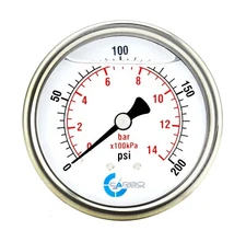 2" Pressure Gauge, Stainless Steel Case, Liquid Filled, Back Mnt, 200 Psi