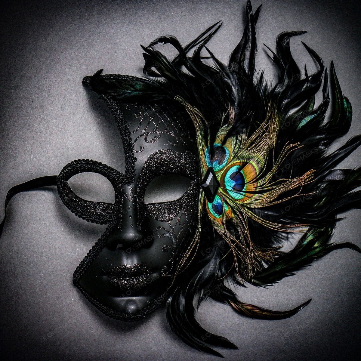 Half Moon Side Feather Venetian Masquerade Costume Women Eye Mask Glitter Black
