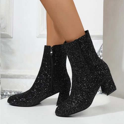 Womens Sequin Round Toe Glitter Ankle Riding Boots Low Block Heels Zip Shoes* - Picture 4 of 19