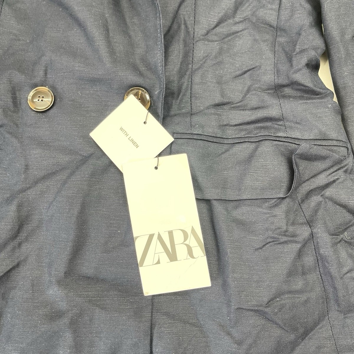 Zara Navy Blue Linen Blend Button Front Blazer Jacket Women's Size