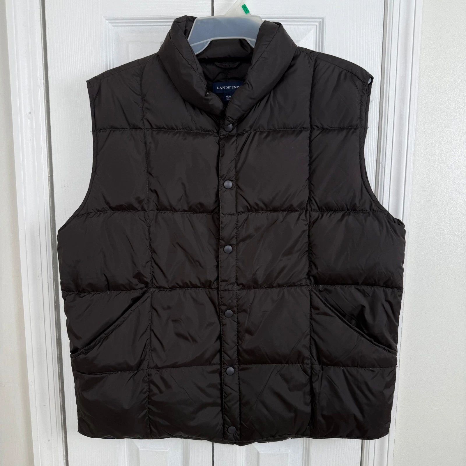 Lands End Mens Down Puffer Vest Brown Large 42-44 Quilted Snap Front Mock Neck