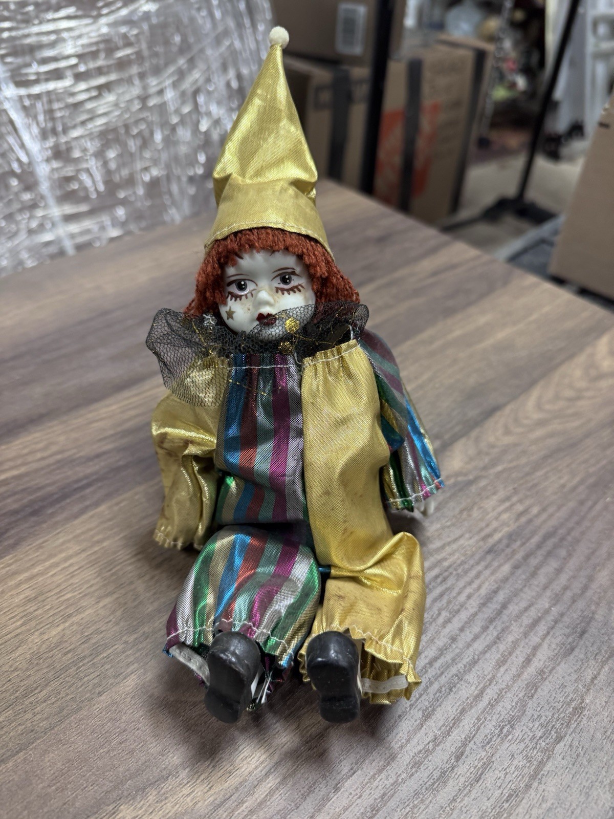 Porcelain Fantasy Clown Doll, Striped Outfit, Yellow Hat, Red Curly Hair