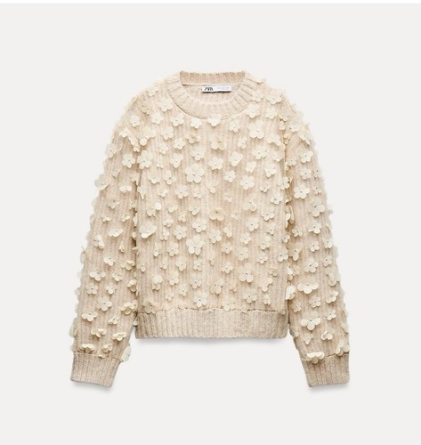ZARA NEW Combination Knit Floral Sweater Sand Beige 8146/102 Size M - Picture 2 of 8