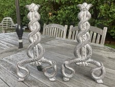 Rare Antique. Cast Iron Snake Medical Caduceus Andirons W Dog Heads Circa 1890 Rare Antique. Cast Iron Snake Medical Caduceus Andirons W Dog Heads Circa 1890