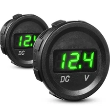 2 PCS 12V DC Voltmeter, Green LED Digital, Waterproof Round Panel, Car, Marine