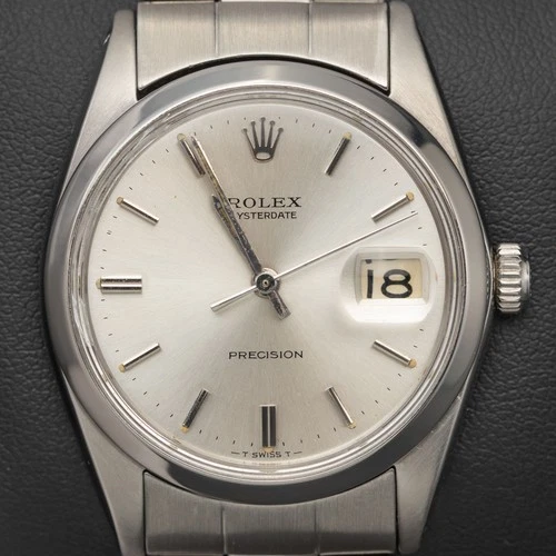 Rolex Oysterdate Precision 6694 Smooth Bezel Watch 34mm Silver Dial