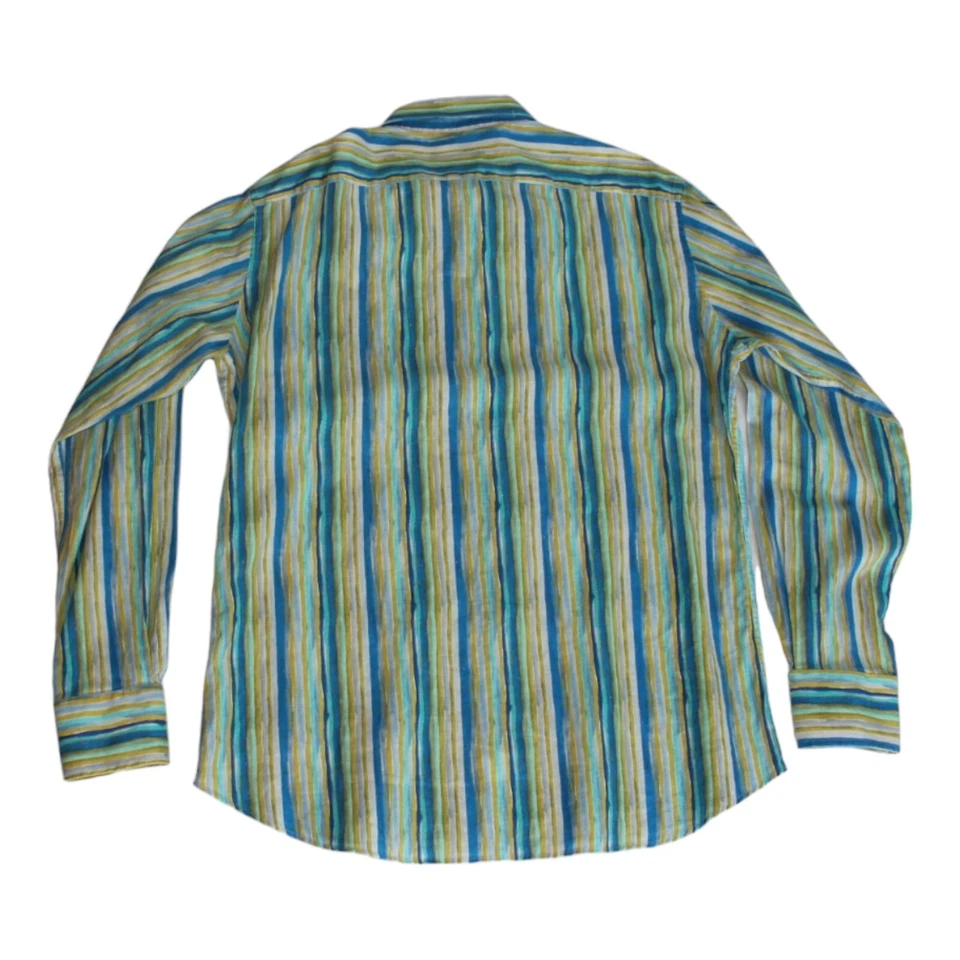 $165 New Ingram Button Casual Shirt Men's Large L Blue Gold Striped LINEN Cotton - Image 2 of 4