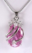 Pink Cubic Zirconia 18KWGP Crystal Flower Women Lady Girl Pendant Chain Necklace