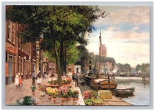People Water Canal Boats Flowers View 1900s Art Chrome Reprint Postcard