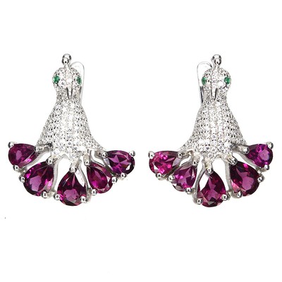 Valentine 925 Silver Earrings Pear Rhodolite 7x5mm Peacock