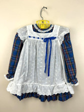 Vintage Custom 24M 2T Blue Plaid Dress With Eyelet Pinafore Apron OOAK