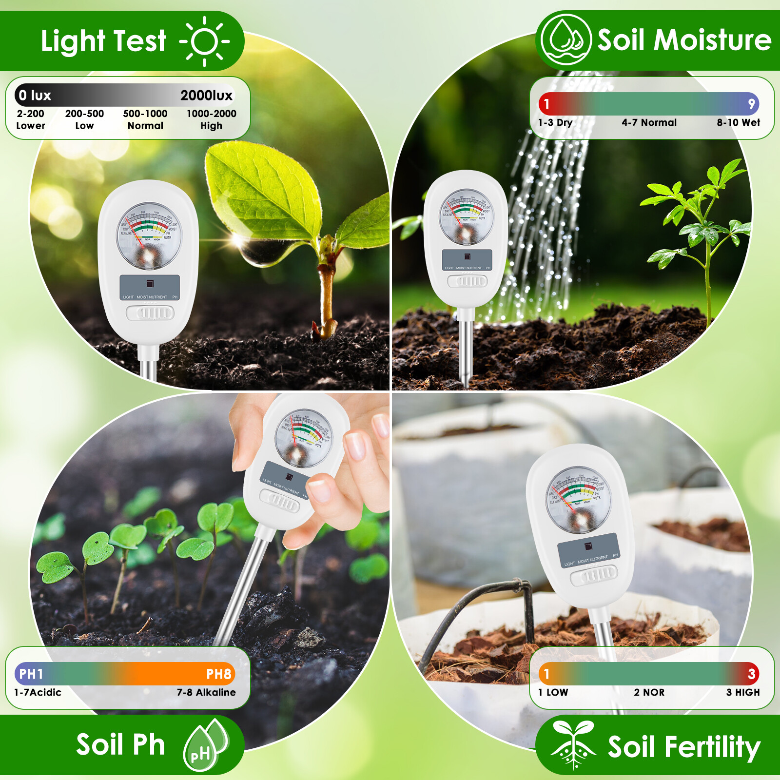 Soil Tester 90° Rotatable Soil Moisture Meter Accurate Soil PH Tester