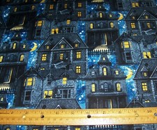 1 yd Northcott Hocus Pocus HALLOWEEN HAUNTED HOUSES on BLUE 100 Cotton Fabric