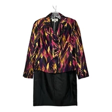 Le Suit Blazer Skirt Suit Set Women Size 8 Uptown Glamour Black Multicolor Lined