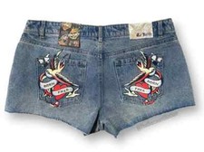 Don Ed Hardy Born Free Painted Birds Design Denim Cut Off Shorts Women's XL NWT