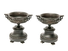 Pair Antique French Cast Bronze & Black Stone Pedestal Urn Tazza Garniture