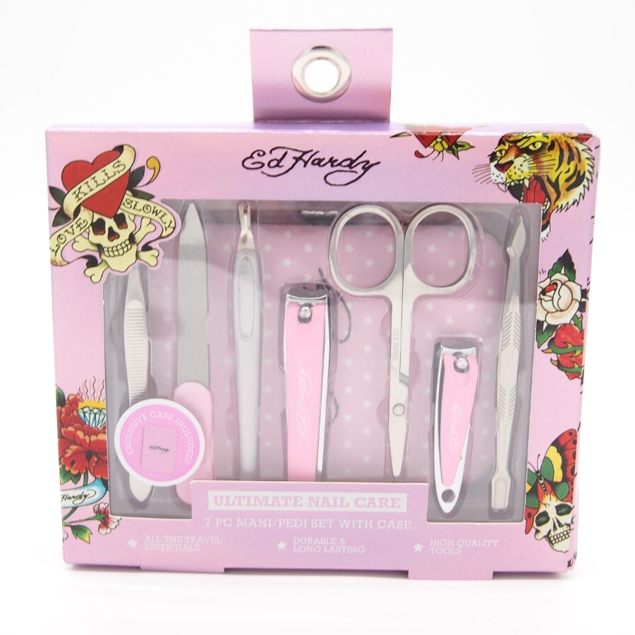 Ed Hardy Pink 7pc Ultimate Nail Care Manicure Pedicure Set W/ Case