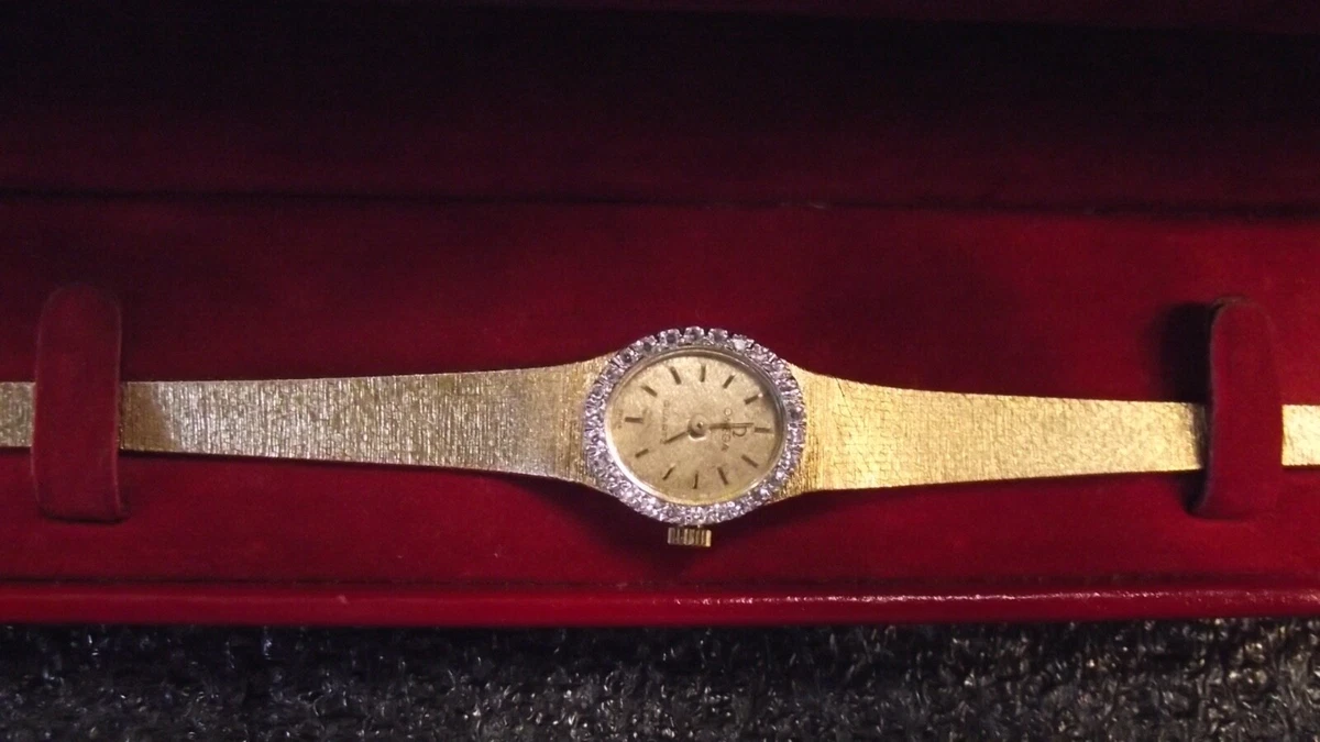 Omega Ladies Dress Watch Diamond Bezel 14K Gold Case Band Ref. 1375