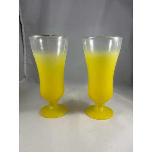 Vtg Set of 2 Bright Yellow w/Gold Rim Parfait Glasses Frosted Glassware