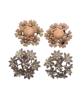 1960’s MCM molded plastic rhinestone flower daisy clip on earrings pink purple 