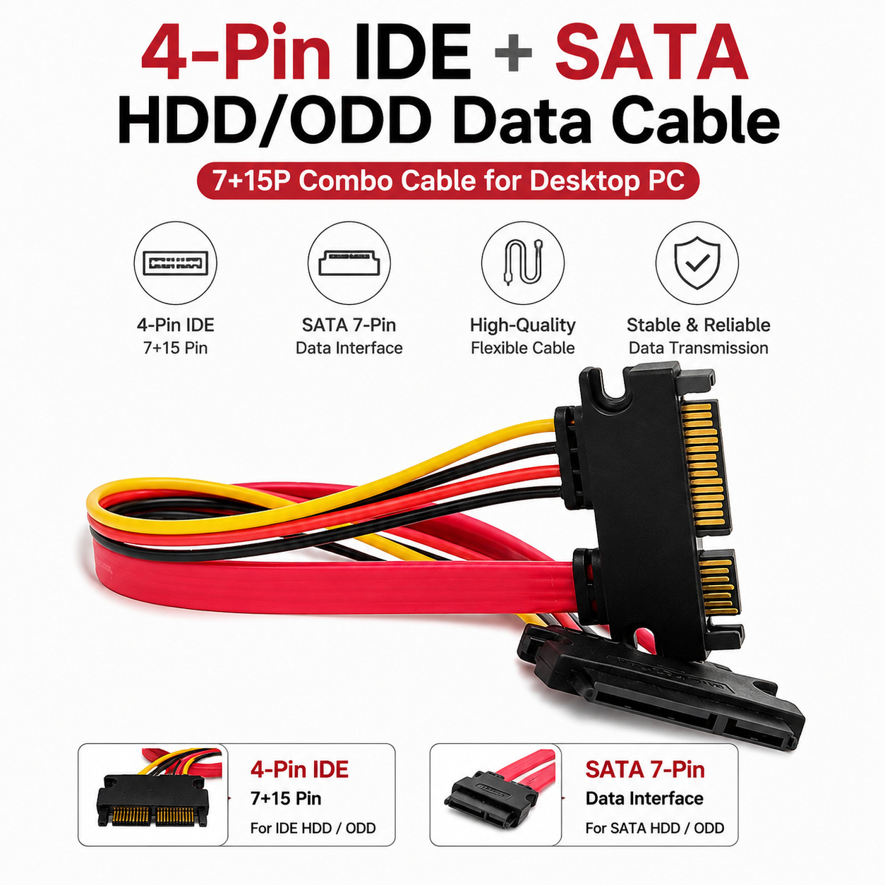 11" 15+7 Pin SATA Extension Cable Male to Female Data and Power for HDD SSD