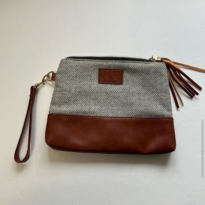 Funky Monkey Clutch Herringbone Gray & Faux Leather  Purse 8.5 x6.5  Bag