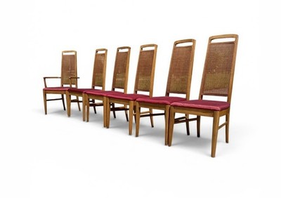 Mid Century Modern Lenoir Chair Co. Cane Walnut Set Of 6 Dining Chairs 