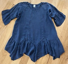 Match Point Navy Blue Linen Flowy Tunic Gathered Lagenlook XL