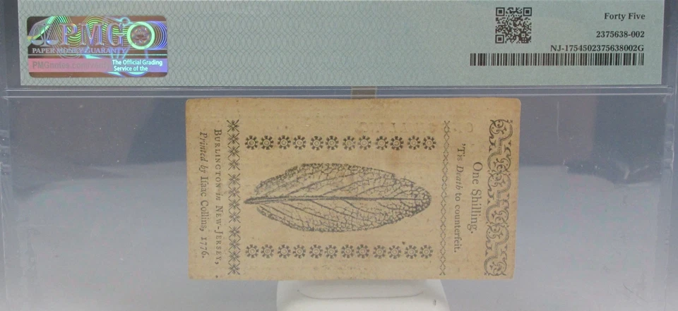 1776 New Jersey Colonial Note 1 Shilling march 25, 1776 NJ-175 PMG 45 - Image 2 of 2