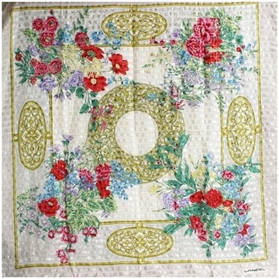 Authentic Lancel Silk Large Scarf, Beige and Gold Floral Print, Pre-owned,