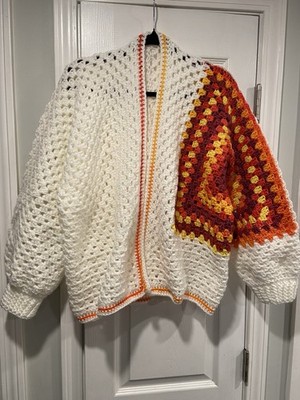 Handmade Crochet Granny Square One Size Cozy Cardigan Boho Chunky Knit Sweater