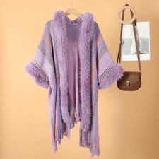 Lady Ethnic Faux Fur Collar Hooded Knitted Shawl Striped Tassel Cape Cloak