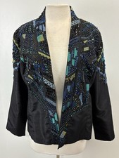 Chico Embellished Blazer Jacket Women s 2 US L Black Aztec Beaded Open Front