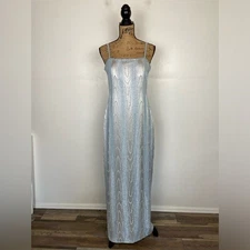 Kay Unger Silk Satin Fully Beaded Evening Dress Size 10 Light Blue Sleeveless