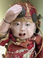 Old Composition Chinese Boy Doll SURPRISED look Hand On Head -Medals, Open Mouth