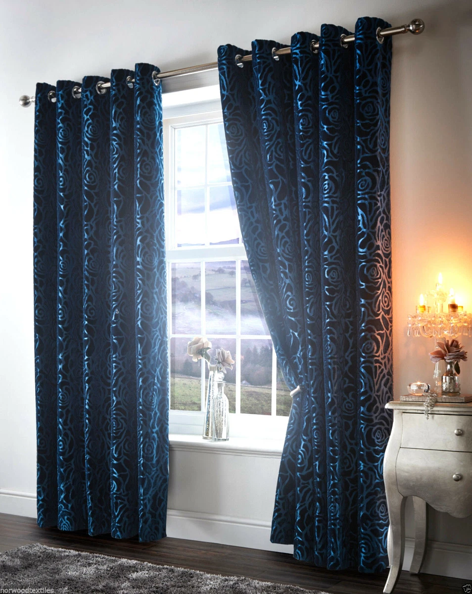 AMELIA TEAL CURTAINS EYELET RING FLORAL ROSE VINE CRUSHED VELVET BLUE GREEN TURQ