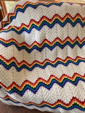 NEW HANDMADE crocheted afghan blanket throw Approx 57x40 , White, Rainbow Zigzag