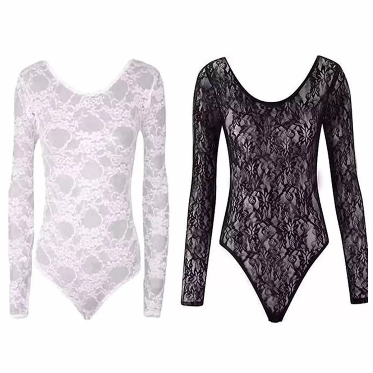 New Women Ladies Long Sleeve Floral Lace Bodysuit Top Leotard UK