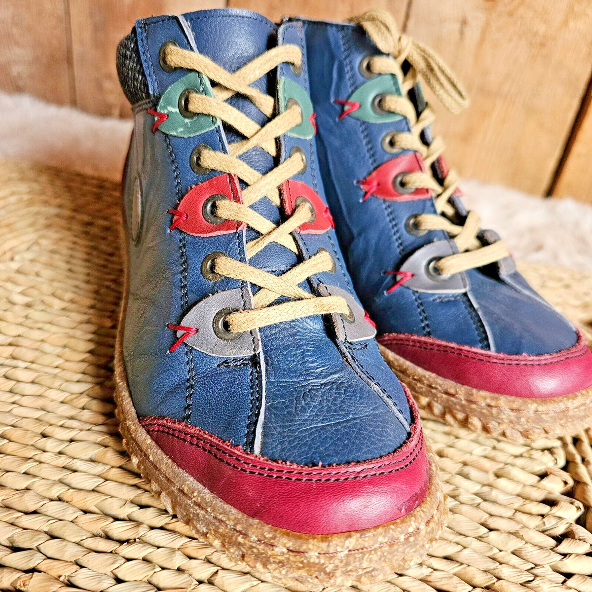 Volks Walkers Zip Ankle Boots Klien Size 38 Crinkle Leather Patchwork Red & Blue View 6